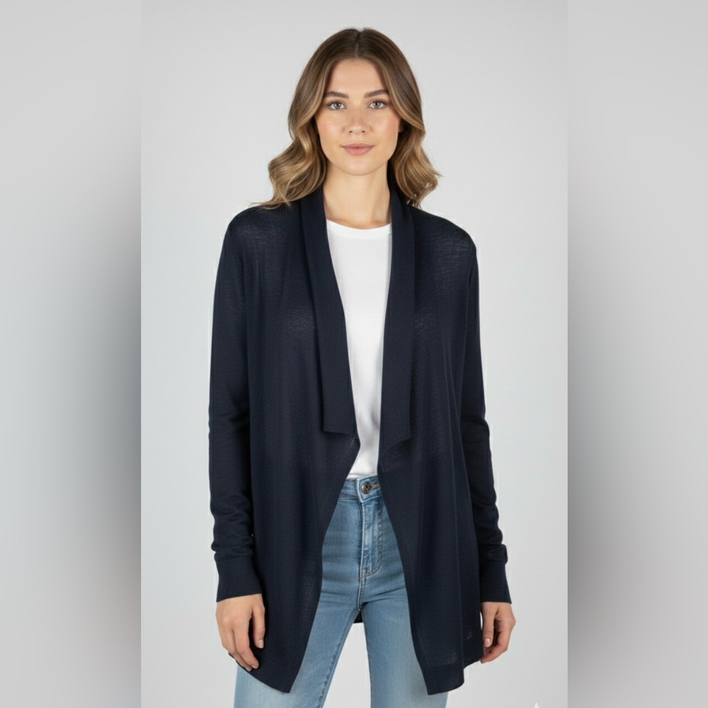 New LOFT Women Linen Blend Open Front Cardigan Size L Navy Blue